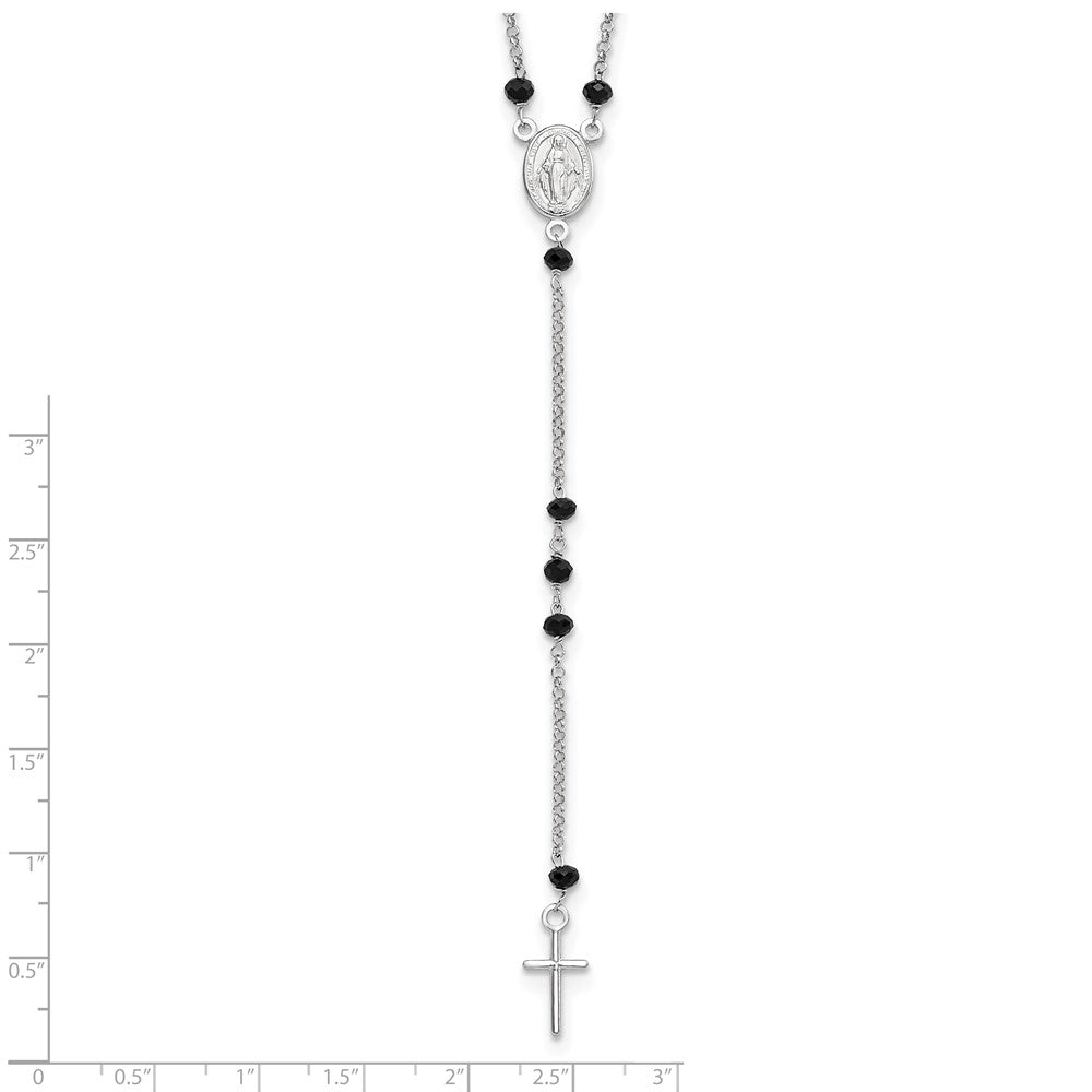 Sterling Silver Rhodium-plated Black Beaded Rosary w/1.25in .ext Necklace 19 Inches