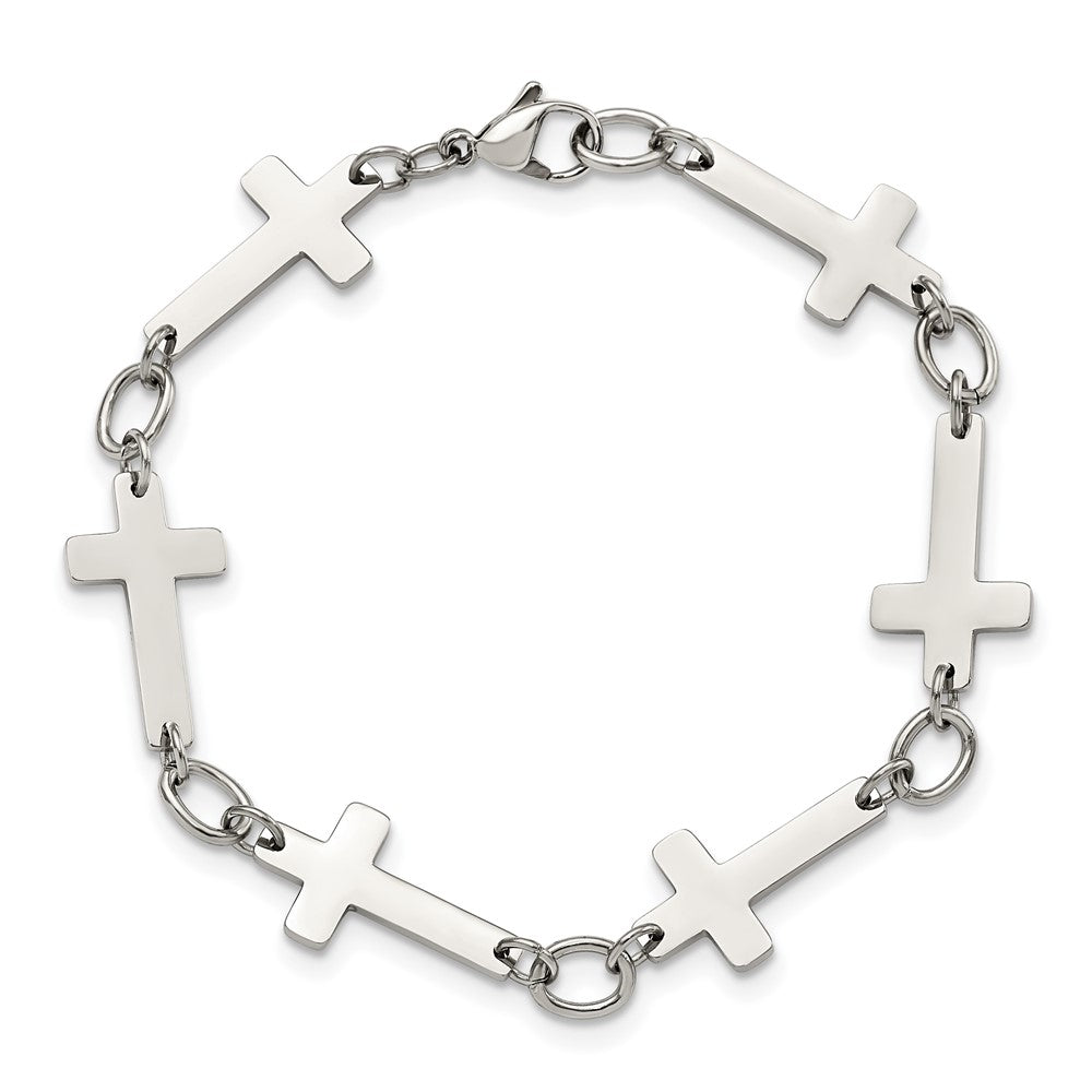 Stainless Steel Polished Sideways Cross 8in Bracelet 8 inches