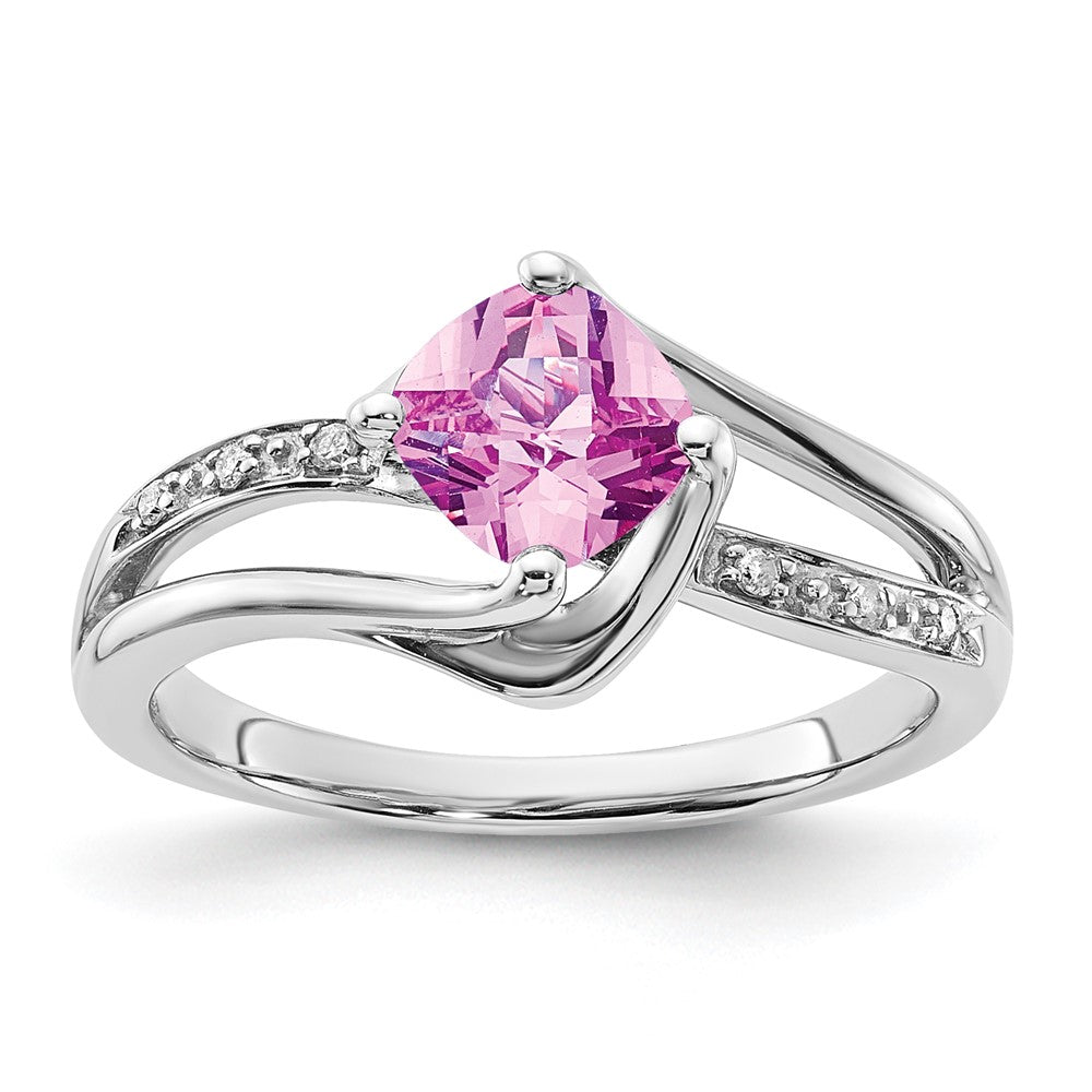 10K White Gold Created Pink Sapphire and Diamond Ring