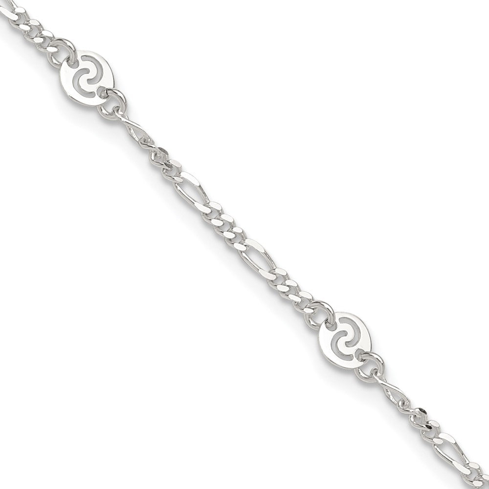Sterling Silver Polished Swirl Disc 9in Plus 1in ext. Anklet 9 inches