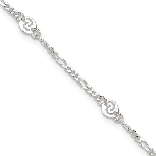 Sterling Silver Polished Swirl Disc 9in Plus 1in ext. Anklet 9 inches