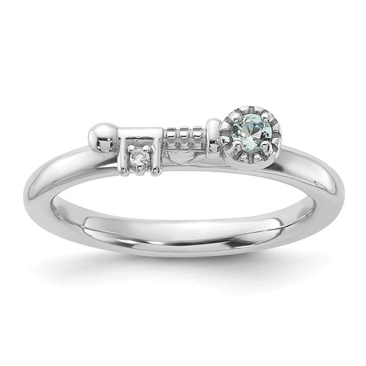 Sterling Silver Stackable Expressions Rhodium-plated Aquamarine and White Topaz Key Ring Size -6