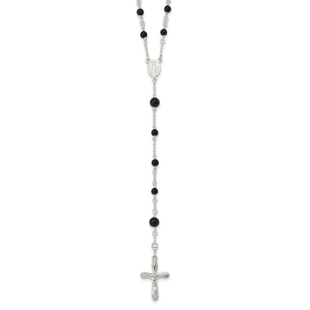 Sterling Silver Polished Black Onyx Rosary Necklace 33 Inches