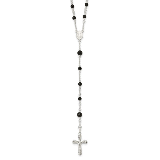 Sterling Silver Polished Black Onyx Rosary Necklace 33 Inches