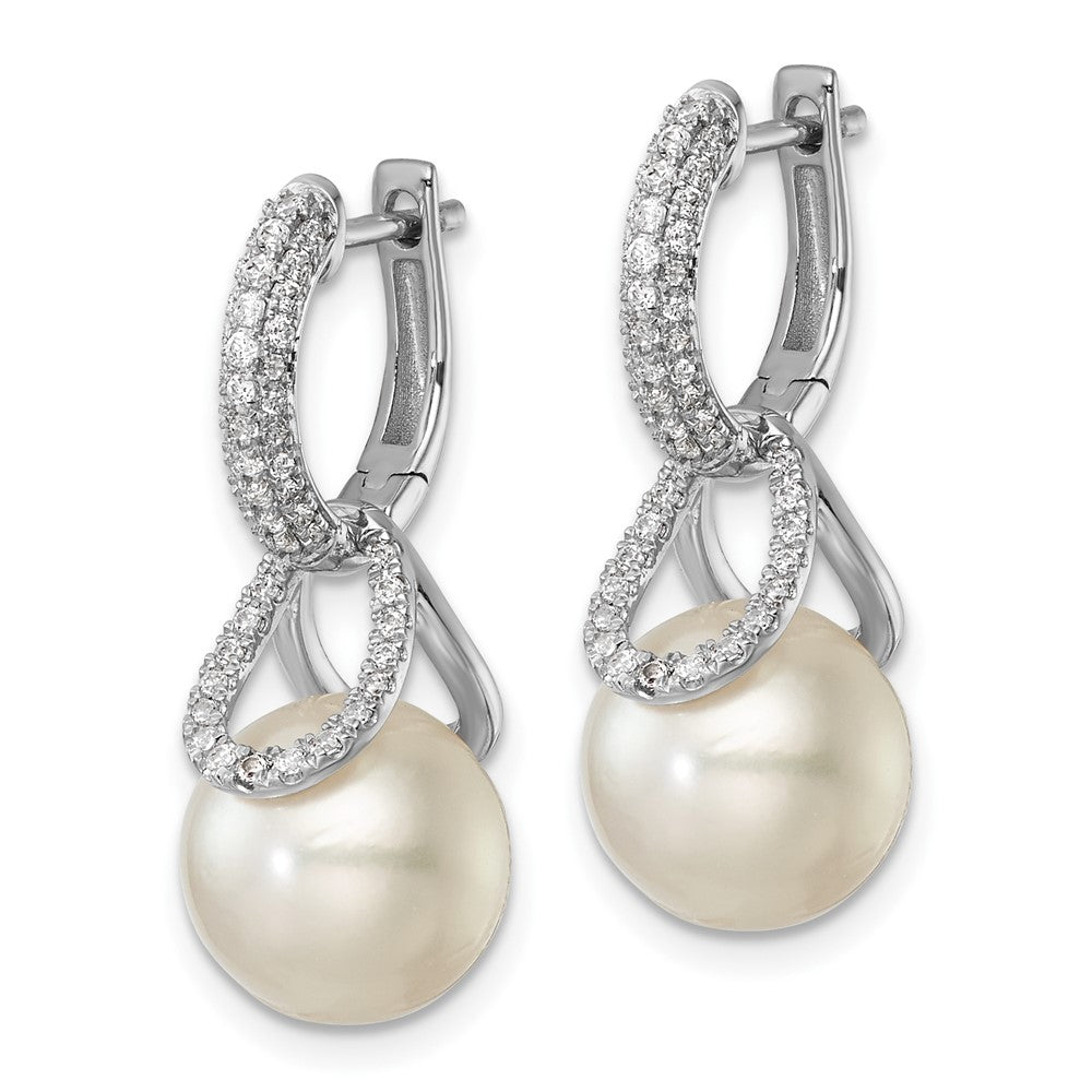 14K White Gold 10-11mm White Round Freshwater Cultured Pearl & .41ct Diamond Hinged Hoop Earrings with Removable Dangles