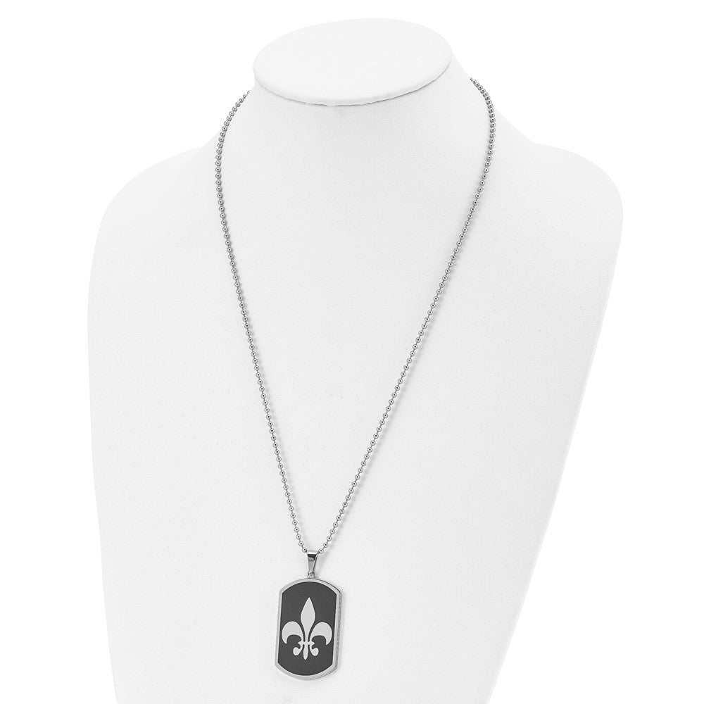 Stainless Steel Polished Black IP-plated Fleur de lis Dog Tag 24in Necklace