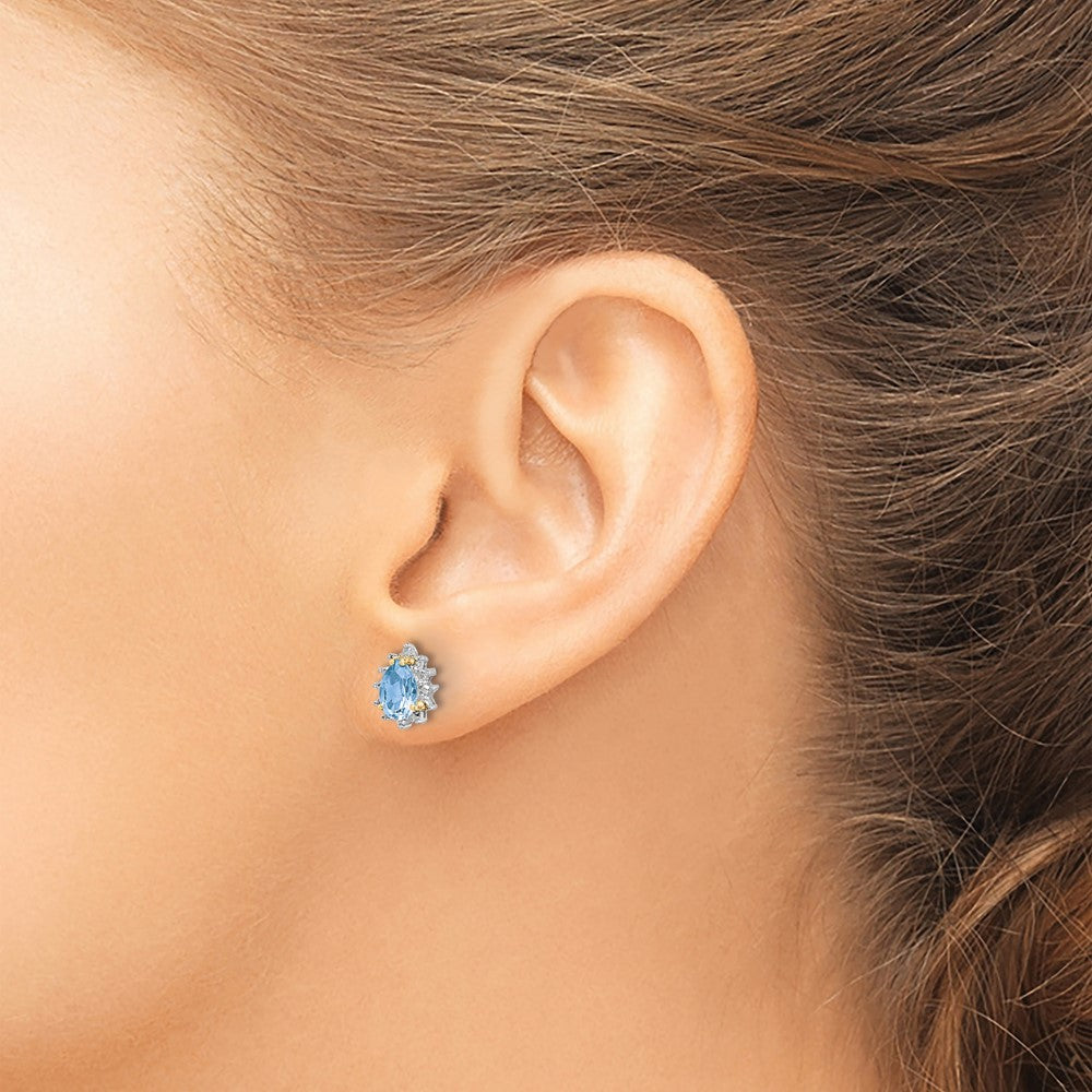 Brilliant Gemstones Sterling Silver with 14K Accent Rhodium-plated Sky Blue Topaz and Diamond Post Earrings