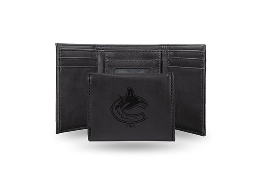 Hockey Rico Industries Vancouver Canucks Black Laser Engraved Trifold Laser Engraved Tri-Fold Wallet - Men's Accessory