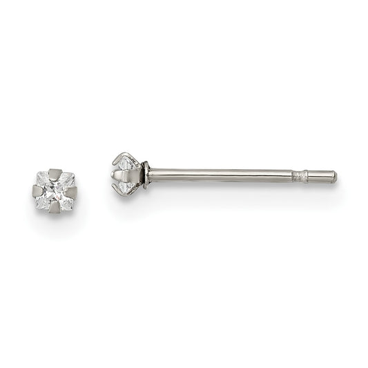 Stainless Steel Polished 2mm Square CZ Stud Post Earrings