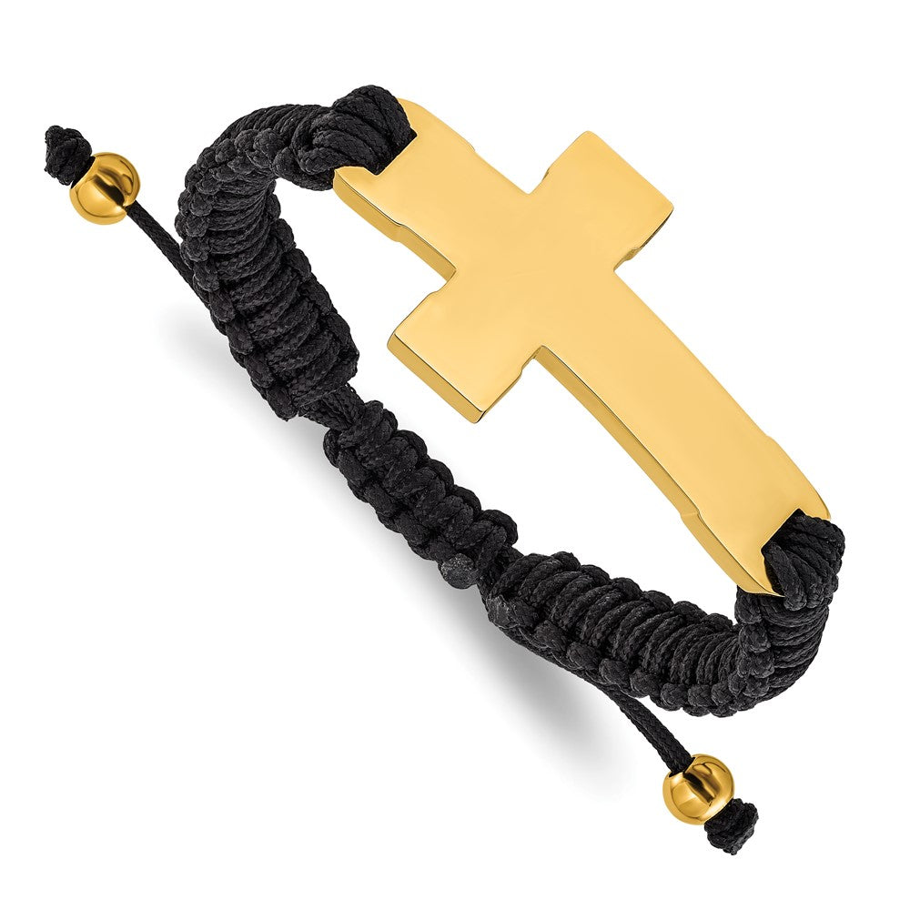 Chisel Stainless Steel Polished Yellow IP-plated Cross Black Nylon 7.5 inch to 10.5 inch Adjustable Bracelet