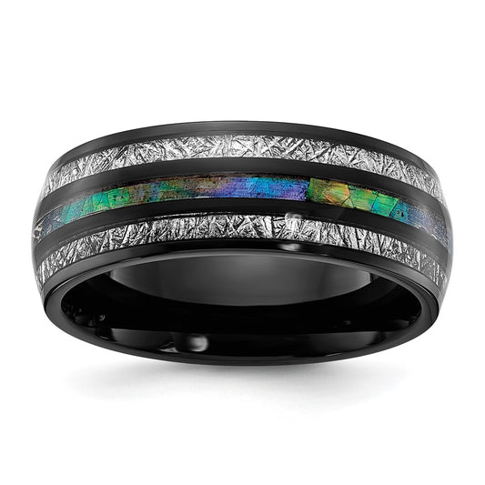 Chisel Titanium Polished Black IP-plated with Abalone and Imitation Meteorite Inlay 8mm Band Size - 10