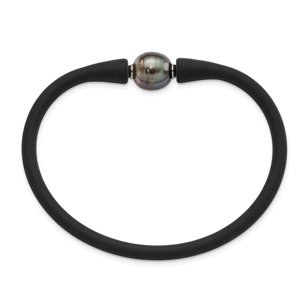 Stainless Steel 10-11mm Black Tahitian Pearl Black Silicone Bracelet 6.75 inches