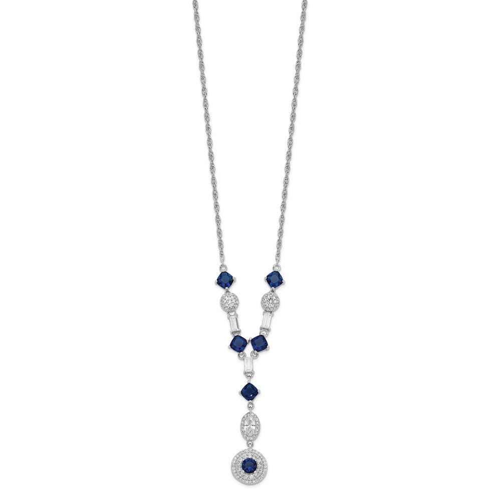 Cheryl M Sterling Silver Rhodium-plated Cushion-cut/Brilliant-cut Blue Glass and Brilliant-cut/Baguette-cut White CZ Fancy Dangle Y-Drop 18 Inch Necklace 18 Inches