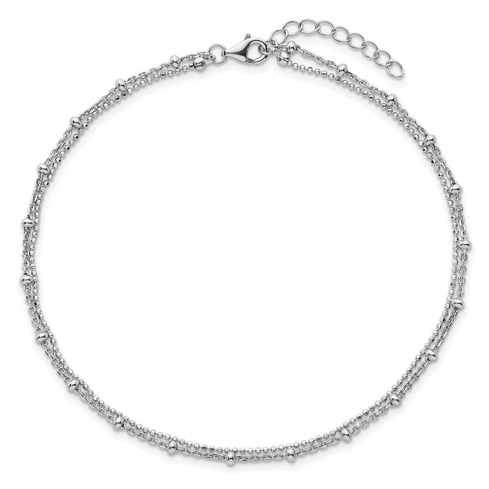 Sterling Silver Rhodium-plated Polished and Beaded 2-Strand 9 Inch with 1 Inch Extension Anklet