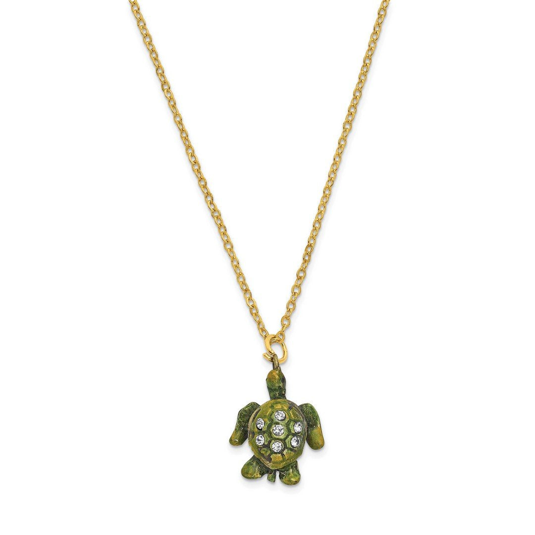 Luxury Giftware Pewter Bejeweled Crystals Gold-tone Enameled ROXY Reef Dweller Sea Turtle Trinket Box with Matching 18 Inch Necklace QBJ2086