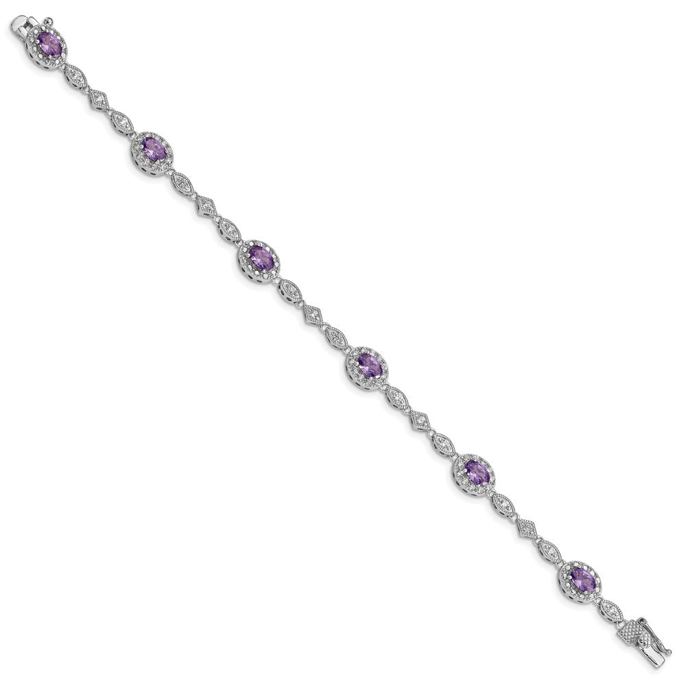 Sterling Silver Rhodium-plated Purple and Clear CZ Bracelet 7 inches