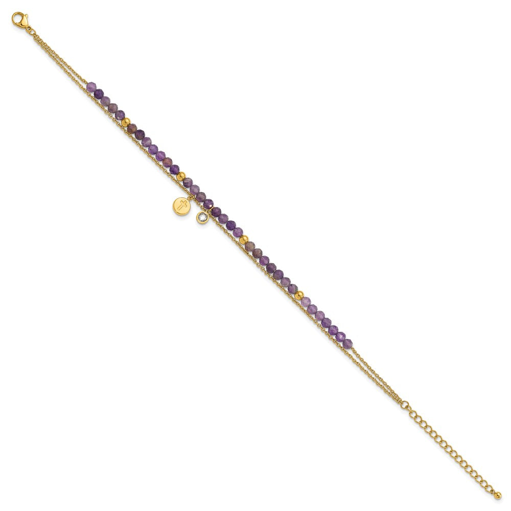 Stainless Steel Polished Yellow IP Amethyst/Crystal 9in Plus 2in ext Anklet
