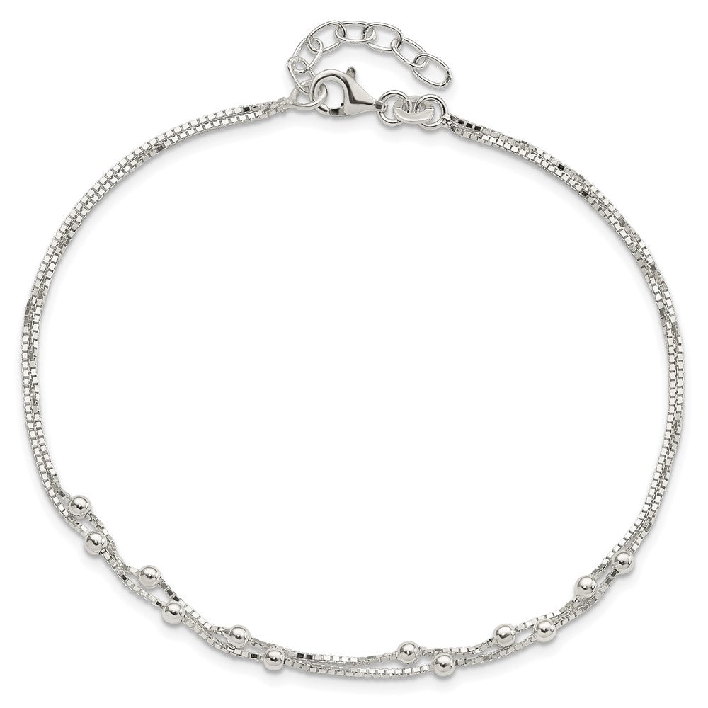 Sterling Silver Polished Beaded 2-strand 9 inch Plus 1 inch ext. Anklet 9 inches