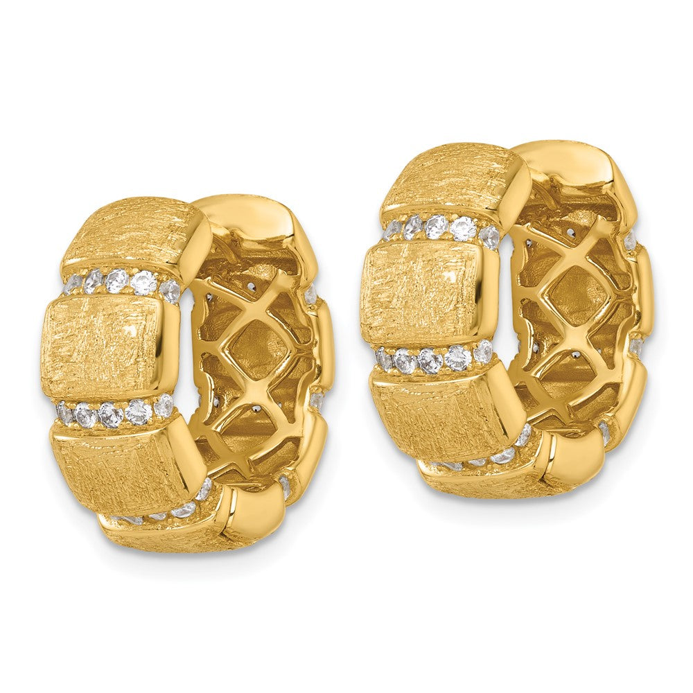 Sterling Silver Gold-Tone Polished and Textured CZ 8.0mm Round Hinged Hoop Earrings