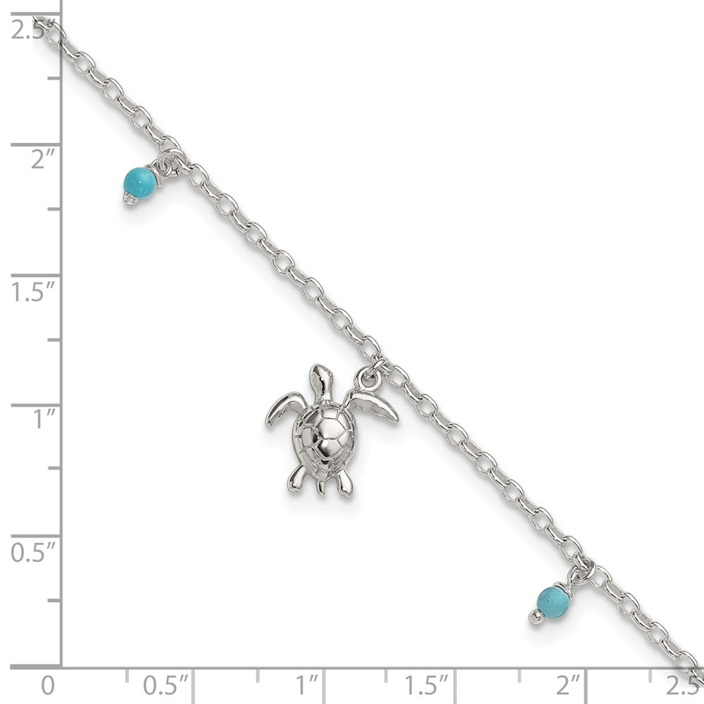 Sterling Silver Polished Turtle with Turquoise Beads 9 inch with 1 inch Extension Anklet