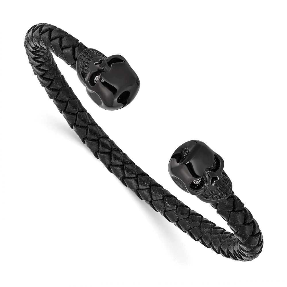 Stainless Steel Polished Black IP-plated Crystal Skull Leather Cuff Bangle
