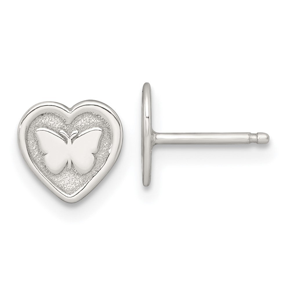 Sterling Silver Polished and Textured Butterfly in Heart Childrens 14 inch Necklace and Post Earrings Set