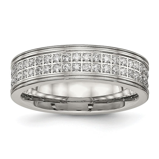 Stainless Steel Polished w/CZ 6.5mm Band Size - 12
