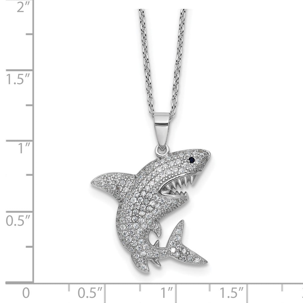 Cheryl M Sterling Silver Rhodium-plated Polished Lab Created Black Spinel and CZ Shark with 2 Inch Extension Necklace 18 Inches