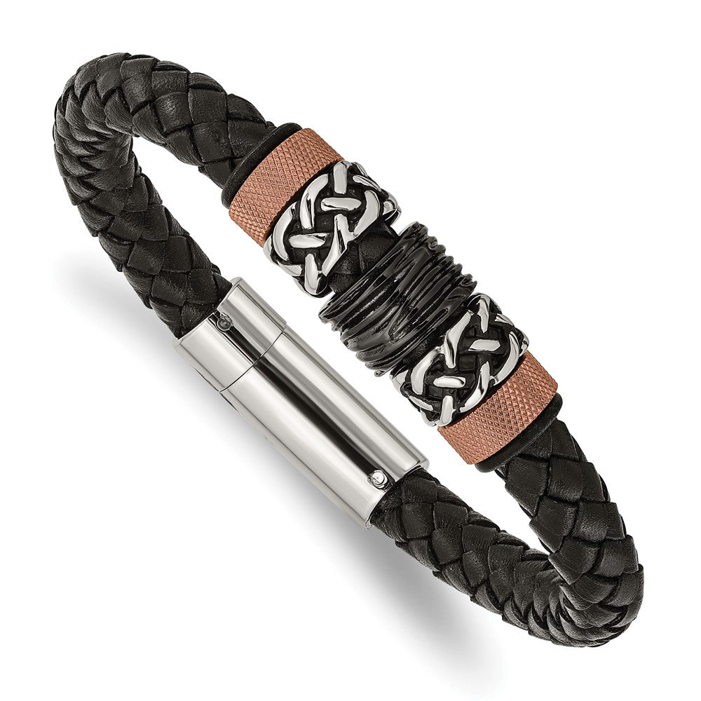 Stainless Steel Antiqued & Polished Black/Brown IP Rubber & Leather Bracele 8.5 inches