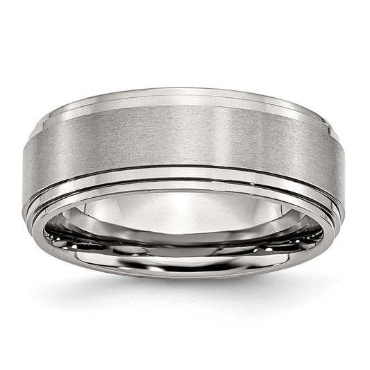 Stainless Steel Polished w/Brushed Center 8mm Ridged Edge Band Size - 8