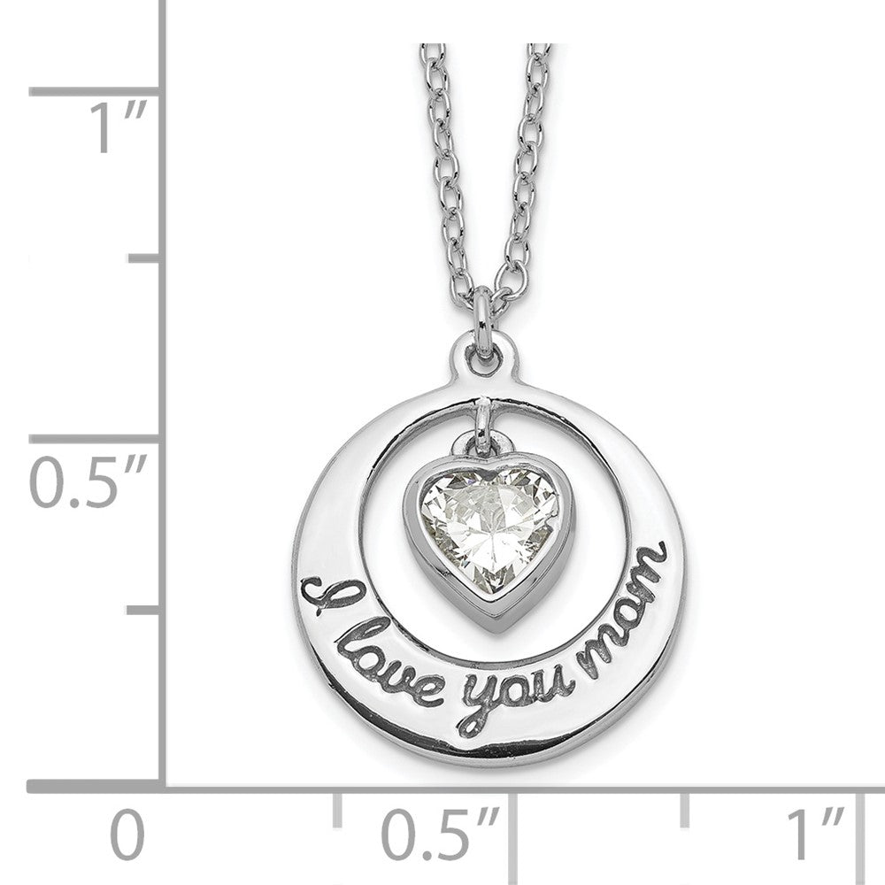 Sterling Silver Rhodium-plated I LOVE YOU MOM with CZ Heart Dangle 15 inch Necklace with 2 inch extension 15 Inches
