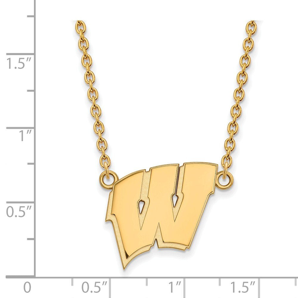 Sterling Silver Gold-plated LogoArt University of Wisconsin Letter W Large Pendant 18 inch Necklace QGP016UWI-18