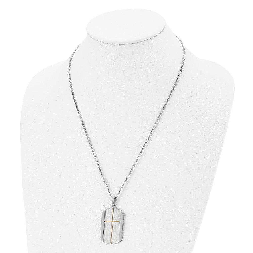 Stainless Steel Brushed and Polished Yellow IP-plated Cross 22in Necklace