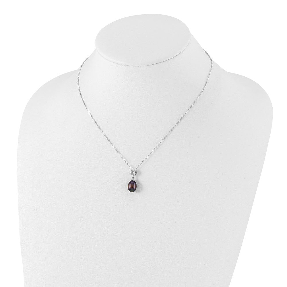 Sterling Silver Rhodium-plated 8-9mm Black Rice Freshwater Cultured Pearl and CZ 17 inch Necklace 17 Inches