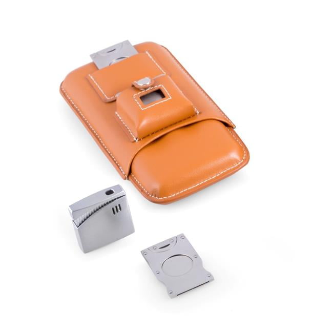 Brown Leather Three Cigar Travel Case with Stainless Steel Cutter and Lighter QGM113