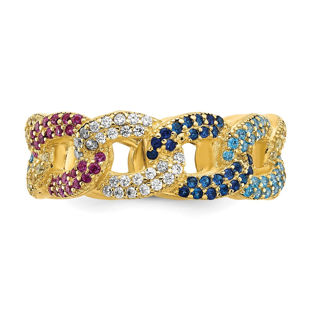 Prizma Sterling Silver Gold-tone 14K Flash Gold-plated Colorful CZ Cuban Link Ring