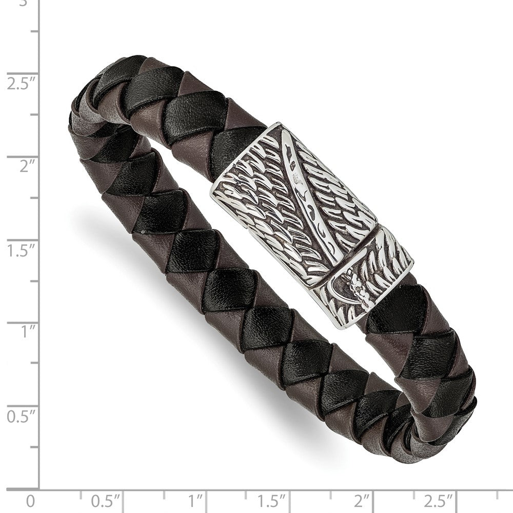 Stainless Steel Antiqued & Polished Black/Brown Leather Sword 8.5in Bracele 8.5 inches