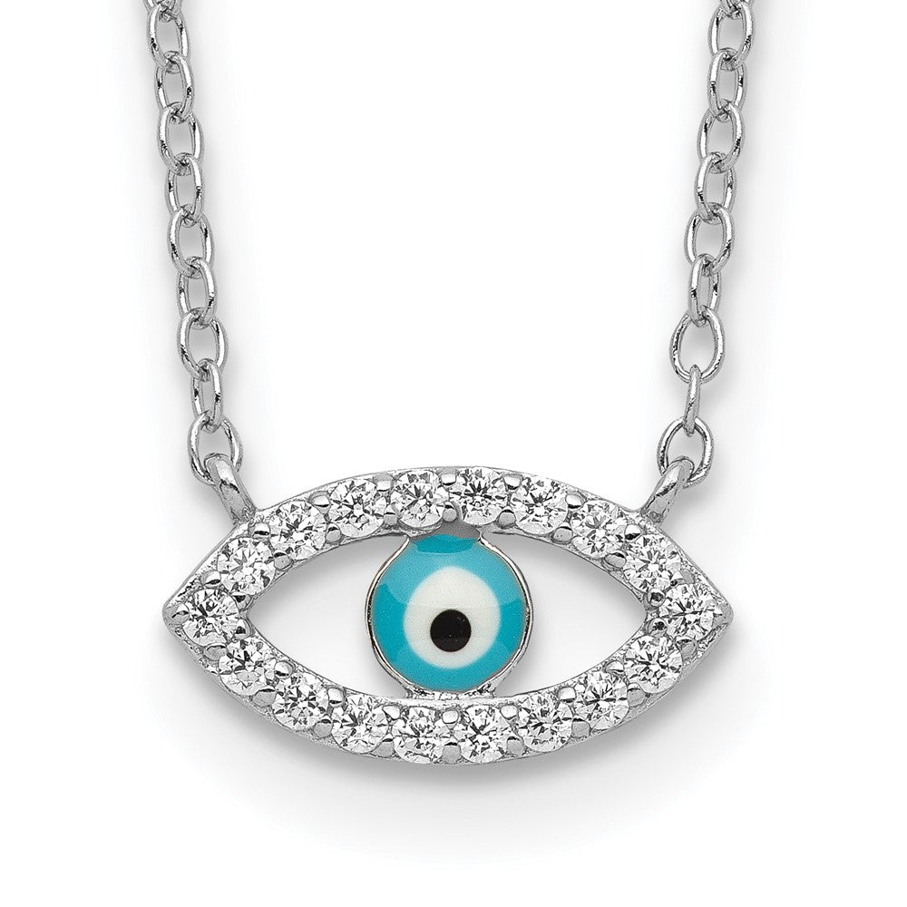 Sterling Silver Rhodium-plated Enamel Eye w/CZ Necklace 18 Inches