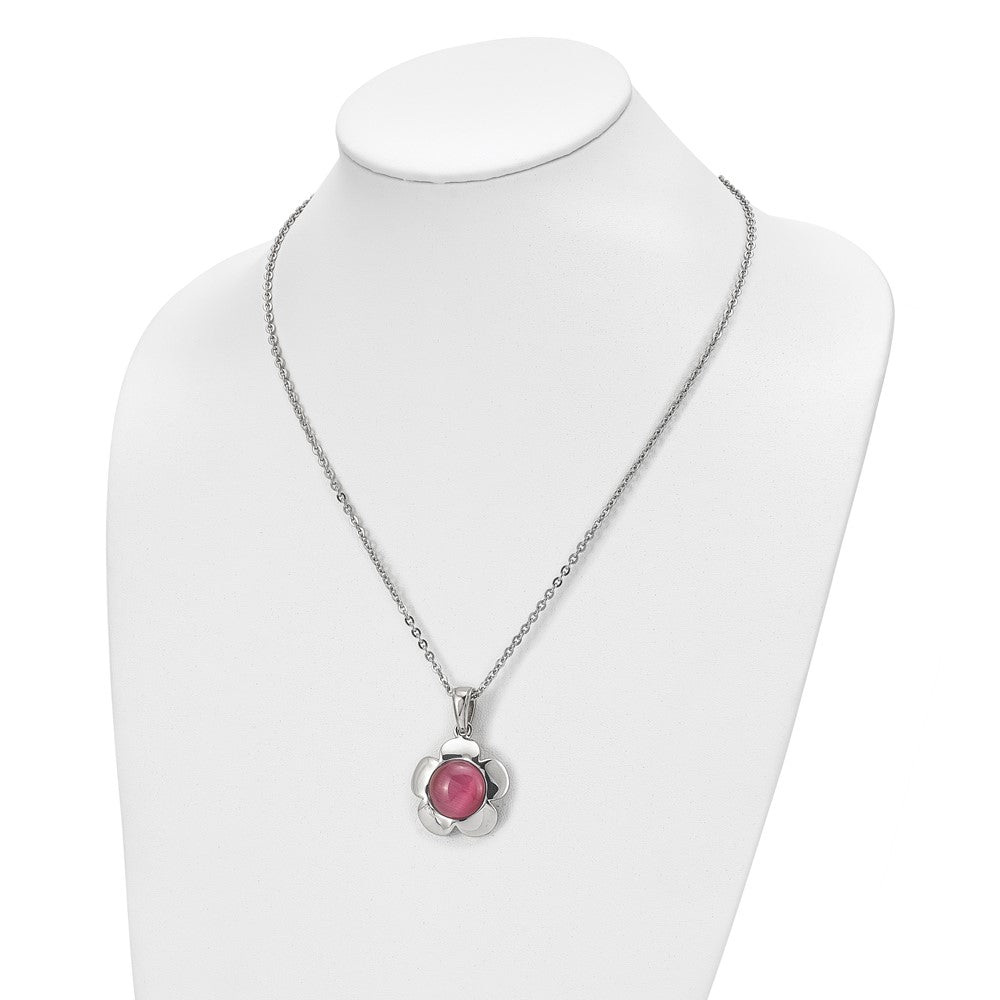 Stainless Steel Polished Flower with Pink Cat's Eye 18in Necklace