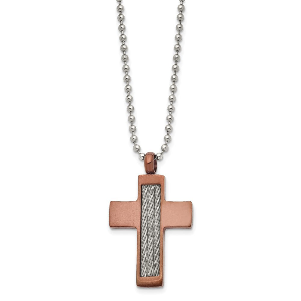 Stainless Steel Brushed Brown IP-plated w/Cable Cross 24in Necklace