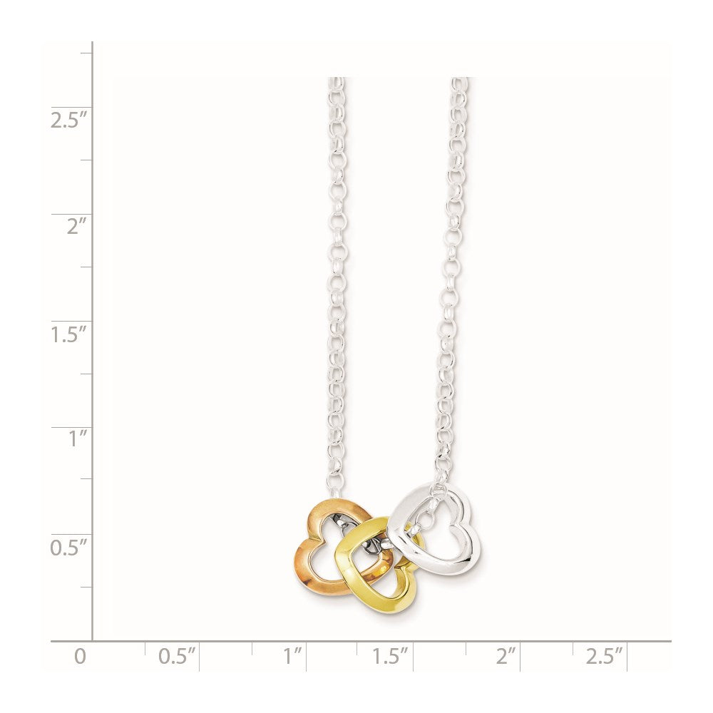 Sterling Silver and Vermeil Polished Fancy 3-Heart Necklace 18 Inches