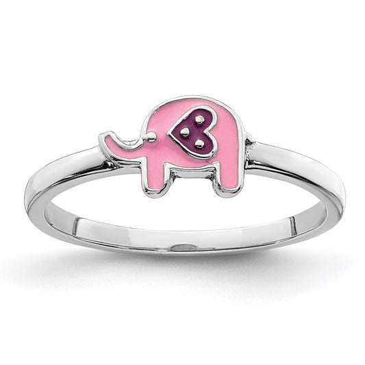 Sterling Silver Rhodium-plated Childs Enameled Pink Elephant Ring