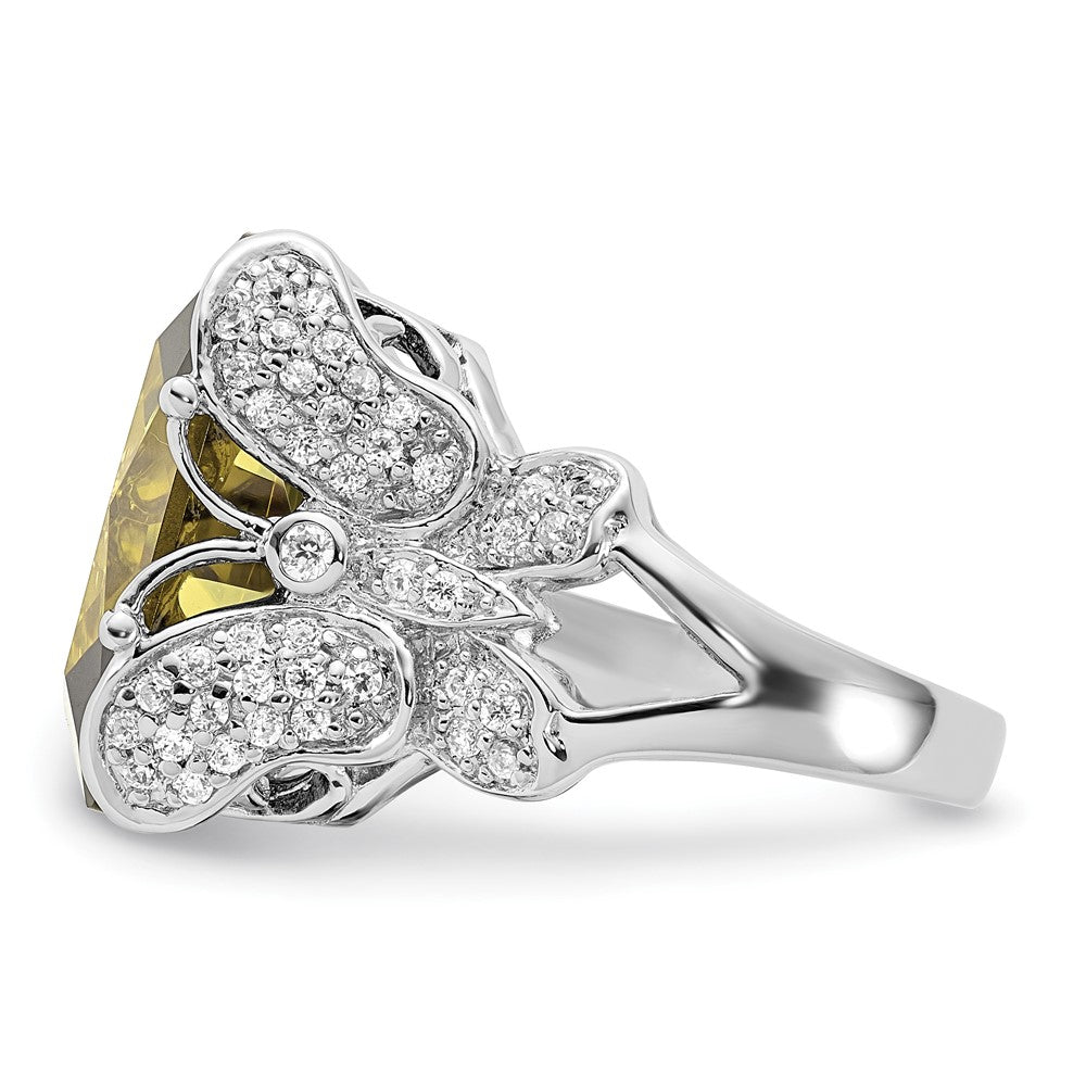 Sterling Silver Polished Green & Clear CZ Butterfly Sides Ring