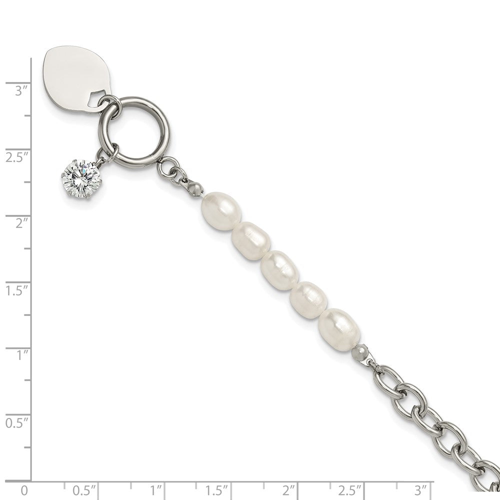 Chisel Stainless Steel Polished with Half White Freshwater Cultured Pearl and CZ Heart Dangle 8.25 inch Bracelet 8.25 inches