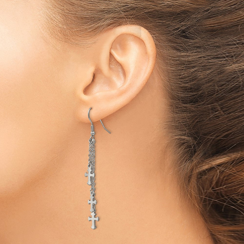 Stainless Steel Polished Multi Strand Cross Dangle Shepherds Hook Earrings