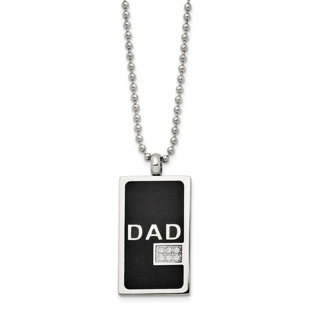 Stainless Steel Polished Black IP-plated w/CZ Dad Dog Tag 24in Necklace