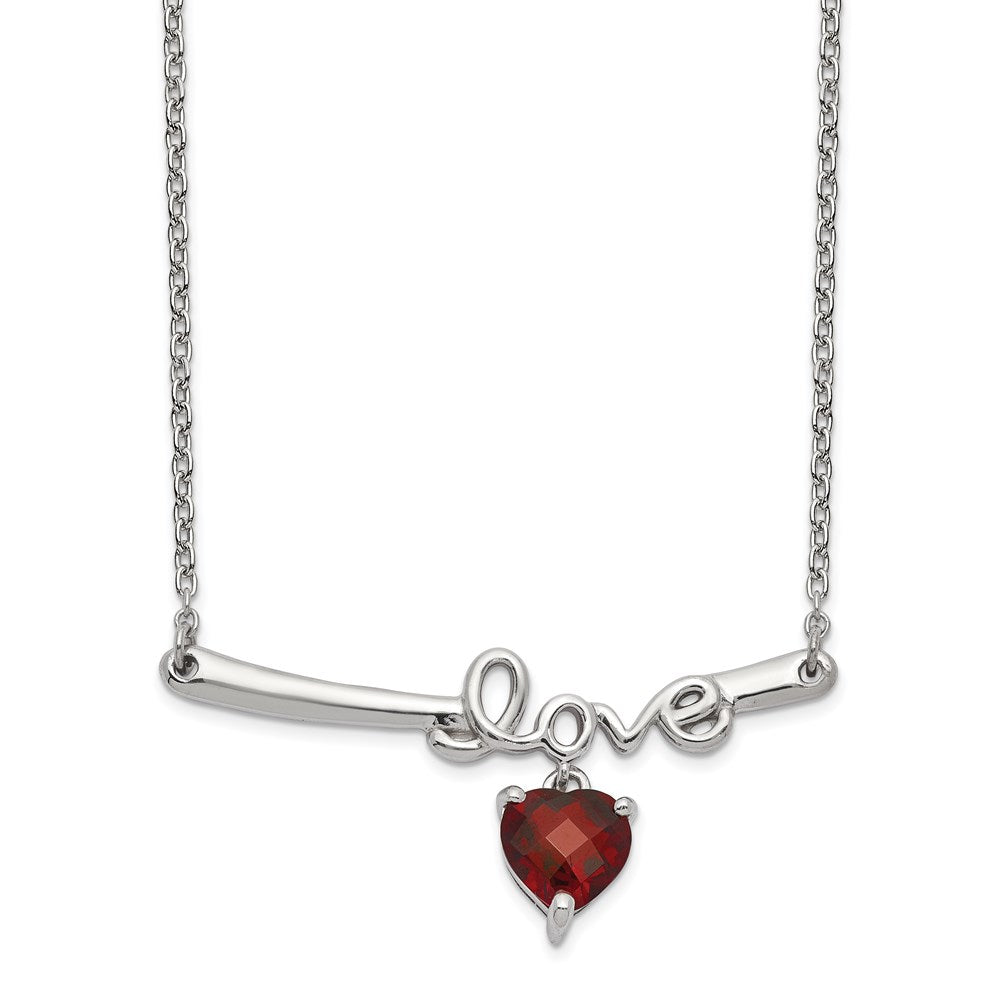 Sterling Silver Rhod-plat Heart Garnet Love w/2.25in ext. Necklace 18 Inches