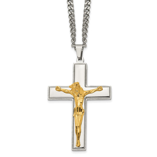 Stainless Steel Polished Yellow IP-plated Crucifix 24in Necklace