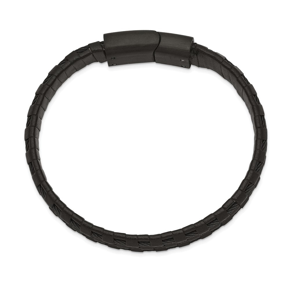 Stainless Steel Brushed and Polished Black IP Leather and Wire Bracelet 8.25 inches