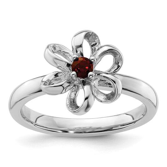 Sterling Silver Stackable Expressions Polished Garnet Flower Ring Size -7